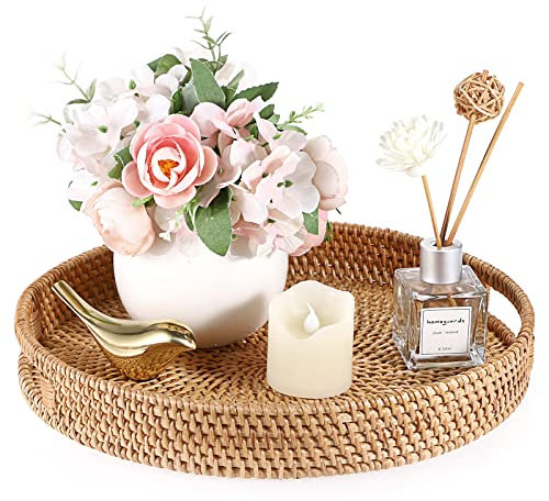 TOLIDA Bandeja de Almacenamiento-Ratán Redonda 30CM Cesta de Almacenamiento de Tejida a Mano Bandeja Decorativa con Asaso para Pan Toallas Postre Maceta Pequeña Perfume