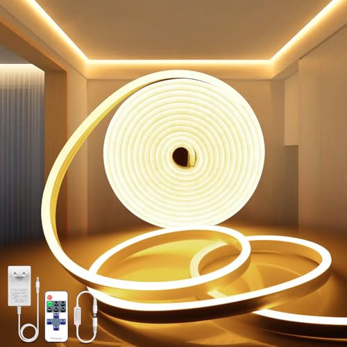 AIMENGTE LED Strip Warmweiss, 600 LED Warmweiss 5M 12V 3000K Dimmbar Wasserdicht, Neon LED Streifen CRI>90 Sehr Hell, DIY Flexibel Ledband mit Netzteil und Controller, für Schlafzimmer, Wohnzimmer