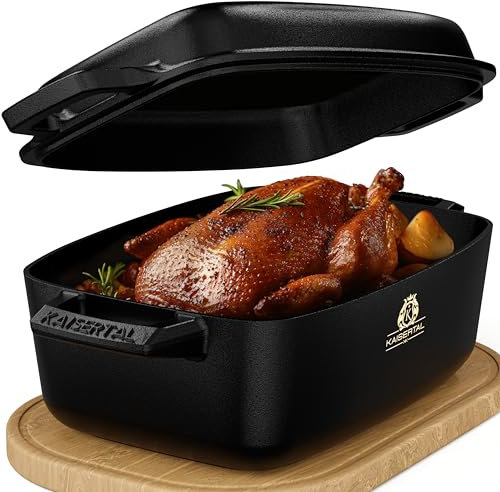 K KAISERTAL Cast Iron XL Roasting Dish, 9.3 L, Oval, Black - 8.6 kg, Non Stick, Oven Safe, Goose Roaster, Induction, 6.2 Liters, Cast Iron Lid