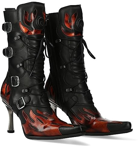 New Rock M.9591-S4 - Stivali da donna collezione Malizia/Pulik Fuoco, Tacchi in Acciaio, Cerniera, Colore Nero e Rosso, Vera Pelle, Nero , 40 EU