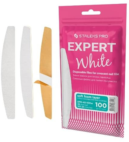 STALEKS PRO Recambio de limas de uñas con base soft foam adhesivas desechables blancas con forma de media luna. Expert 40, 30 uds (Grano 100)