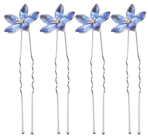 minkissy 4 Stück Blaue Haarnadeln Für Die Hochzeit U-förmige Haarstäbchen Haargabelnadel Haarklammern Zur Hochzeit Chignon-nadel Blumenhaarstab Legierung Braut Koreanische Version Haarteil