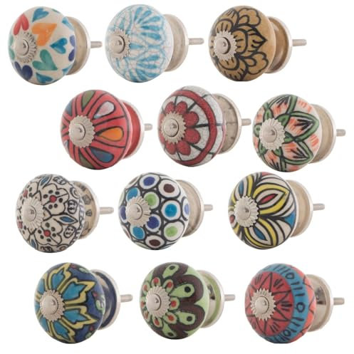 12 X Stück Bunt Keramik-Türgriffe | verzinkt rostfrei | Keramikknöpfe mit mehrfarbigem Blumenmuster | gemischte Designs | Schranktürknöpfe | The The Boho Street | Montur in M3 | Metrisch
