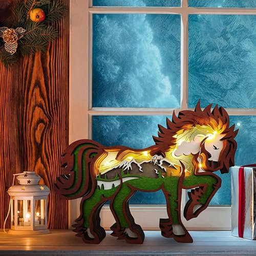 Drawelry 3D Holz Tier Statue Holzschnitzerei Ornamente mit LED Nachtlicht Waldtiere Berg Holzskulptur Kunsthandwerk Dekoration für Heim Büro Schlafzimmer Wohnzimmer Tisch Wandkunst Dekor (Pferd)