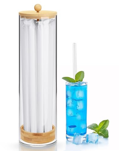 JYPS 13-Inch Acrylic Straw Dispenser with Bamboo Lid with 100 Colorful Straws, Transparent Counter Container Countertop Organizer for Kitchen, Office,Cabinet Storage, Holds Pencils, Cutlery