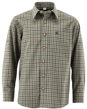 OS Trachten Kinder Hemd Jungen Langarm Trachtenhemd mit Liegekragen Skimli, Größe:158/164, Farbe:Oliv