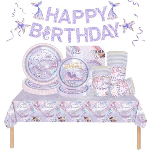 Meerjungfrau Partygeschirr Set,82 Stück Meerjungfrau Geschirr Lila Meerjungfrau Tischdeko Pappteller Becher, Servietten, Tischdecke und Happy Birthday Banner für Mädchen Geburtstag Deko 20Gäste