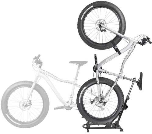 CyclingDeal Vertikaler Fahrradständer – für Fat Bike, Schnee, MTB, Rennräder mit max. 12,7 cm Reifenbreite – vertikal und horizontal verstellbarer Fahrrad-Parkständer mit Sattelstützen-Stabilisator –