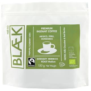 BLÆK Specialty Bio Instant Kaffee Nø.2 | Blaek Organic Premium Coffee 150g Bag: To Go Pouch löslich | Premiumkaffee Medium Roast Arabica Hochland Kaffeebohne süß | Hotel Camping Reise Büro