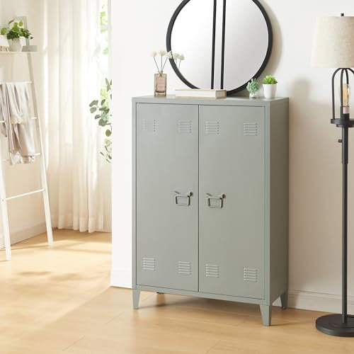 [en.casa] Metallschrank Oripää Wohnzimmerschrank 110 x 75 x 33 cm Aktenschrank Werkstattschrank mit 2 Türen und 2 höhenverstellbaren Ablagen Dunkelgrau