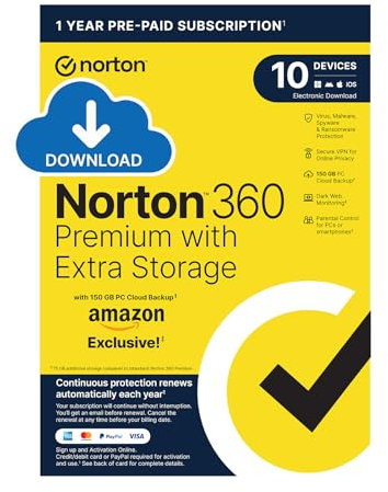 Norton 360 Premium with Extra Storage, 75 GB Extra Cloud Backup, Antivirus Software for 10 Devices and 1-year Subscription with Automatic Renewal