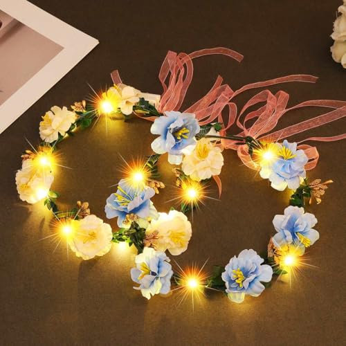 Zoestar Lot de 2 couronnes de fleurs lumineuses - Bandeau LED - Couronne de cheveux - Pour mariée - Guirlande de festival - Pour femmes et filles