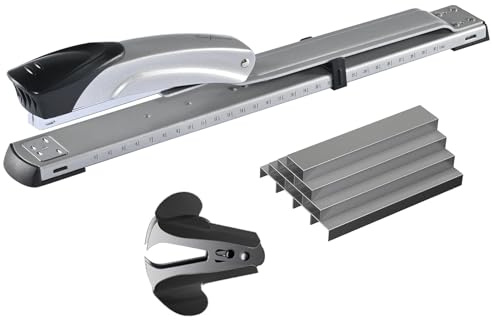 Craftinova Long Reach Stapler,with 2000 Staples & Stapler Remover Full Strip,20-25 Sheet Capacity,with Built-in Ruler and Adjustable Locking Paper Guide, Silvery