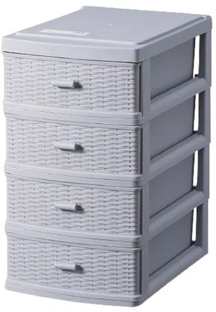 Plastic Storage Drawer Unit 4 Tier | Rattan Grey Storage Cabinet Chest Tower Trolley | Home Kitchen Office School Garage | 32 (Height) x 17.9 (Width) x 25.8 (Length) cm