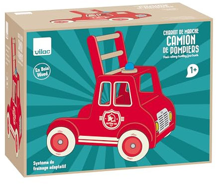 Vilac - Chariot de Marche en Bois - Camion de Pompiers - Stable et Durable - idéal pour l'apprentissage de la Marche dès 1 an - Design Vintage - Roues silencieuses - Compartiment pour Doudou