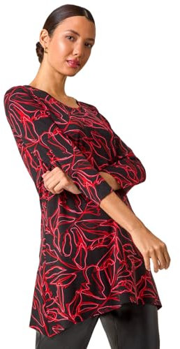 Roman Originals Hanky Hem Tunic Top for Women UK - Ladies Longline Blouse Asymmetric Hemline Casual Slouch Loose 3/4 Sleeves Round Neck Relaxed Comfortable Holiday - Red Noir - Size 12