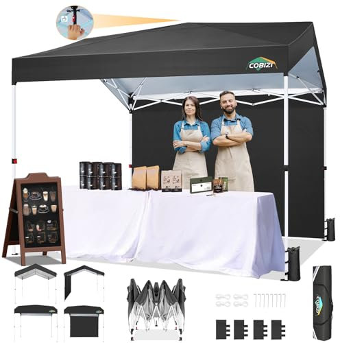 COBIZI Pavillon 3x3 Pop-up-Pavillon mit 1 Seitenwand, Außenüberdachung mit einem klick installiert und 3 einstellbaren Höhen, kommerzielles Faltavillon-Eventpavillon für Partys und Straßen,Schwarz