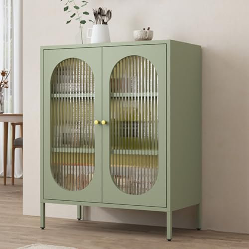 Moderner grüner Stahlschrank mit Glastüren und Regalen für Küche, Wohnzimmer, Esszimmer