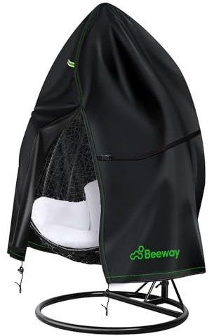 BEEWAY Swing Egg Chair Cover Waterproof, Outdoor Patio Rattan Hanging Cocoon Chair Cover with Zipper - 420D Oxford Fabric, Anti-UV , Windproof - Ø200 x 230cm Double Seater