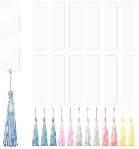 Acryl Lesezeichen Rohlinge, 12 Set Blanko Bookmark, Lesezeichen Personalisiert, 12 Transparent Rechteckig Lesezeichen 12 Bunten Quaste (Zufällige Farbe) für DIY Geschenkanhänger Weihnachtsgeschenke