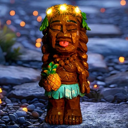 Solar-Tiki-Mädchen-Gartenstatuen, Tiki-Dame mit Ananas, hawaiianische Tiki-Bar, Party-Dekorationen mit Blumenlichtern für draußen, Terrasse, Hof, Veranda, Rasen, Zuhause, Ornament,