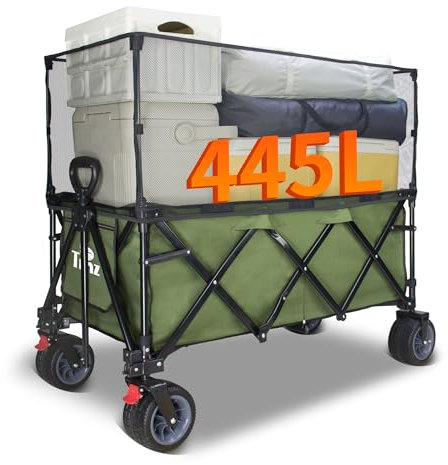 TMZ XXXL Bollerwagen Faltbar 445L 120KG Belastbar, Faltbarer Bollerwagen mit Dach und Bremsen 18x10 cm Extra Breite Reifen Alle Gelände (Grün)