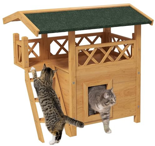 PawHut Maison Lodge pour Chats Sauvage errants - Niche Villa avec terrasse, escalier, Toit pour Chat - 77 x 50 x 73 cm - Bois Naturel et Vert