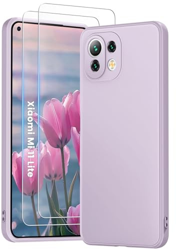 HuwaiH 3 in 1 Hülle für xiaomi 11 lite, mit 2 Stück 9H 0.33mm Panzerglas, Upgraded Kameraschutz, Kratzfeste Stoßfeste Handyhülle für xiaomi 11 lite (violett)