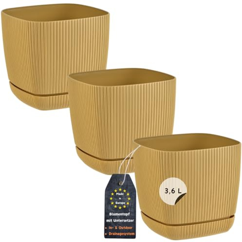 Engelland - 3 x Blumentopf mit Drainagesystem, Untersetzer, Farbe: Ocker-Gelb, Rillenoptik, Pflanz-Topf, Kübel, modern, Kunststoff, quadratisch, 18 x 18 cm, 3,6 Liter