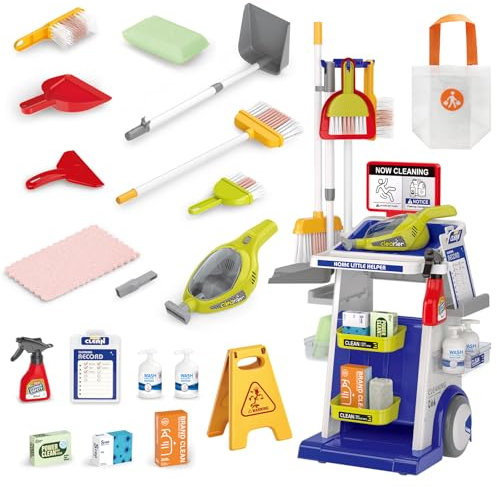 RedCrab Kit de Nettoyage pour Enfants, 23Pcs Kit Menage Enfant avec Aspirateur, Brosses et Pelle à Poussière, Chariot Menage Enfant Jeu de Rôle Jouet pour Enfants 3+ Ans (Bleu)