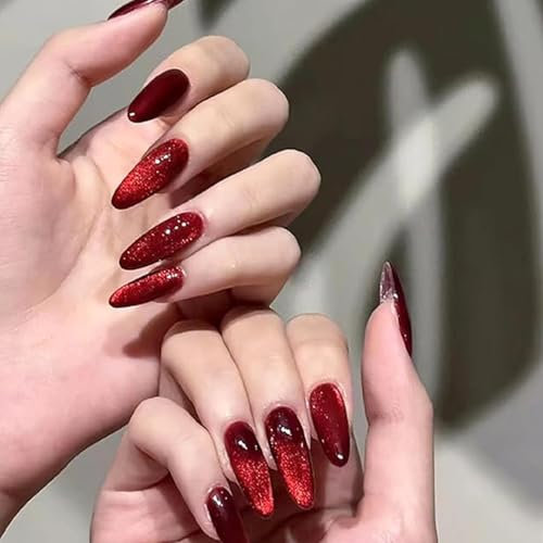Red Almond Press On Nails – Cat Eye Design, 24 Pcs, Long Acrylic Fake Nails with Tool, DIY Nail Art, Elegant Touch for Women