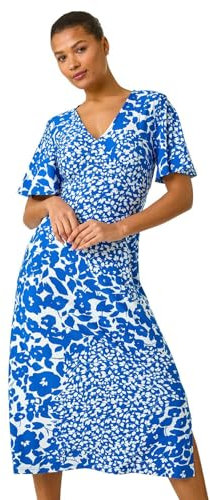 Roman Originals Wrap Dress for Women UK Ladies Swing Skater Fit & Flare A Line Tea Stretch Knee Length V-Neck Holiday Summer Smart Casual Work Party Evening - Floral Blue White - Size 20