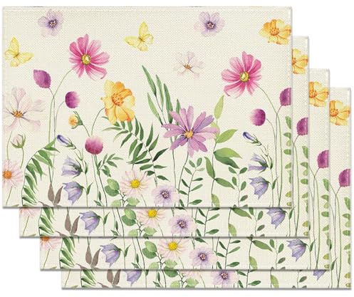 4 Stück Blumen Schmetterling Frühling Platzsets Sommer Küche Tisch Dekoration Flachs Platzsets Drinnen Urlaub Party Dekor 30x45cm (Rosa)