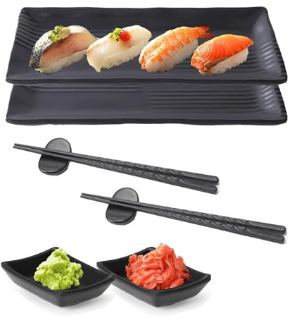Molijysp Juego de vajilla japonesa para sushi de 8 piezas, plato de sushi, plato de sushi japonés, con 2 platos, 2 platos, 2 pares de palillos, 2 estantes para palillos, para familias, restaurantes y