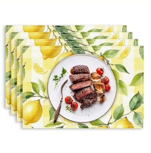 BSITSSS 4 Stück Zitronen Platzdecken, 30x45cm Sommer Zitrone Placemat, Tischsets Abwaschbar Platzset Leinen Zitrone Deko für Saisonnal Sommer Frühling Küche Party Deko
