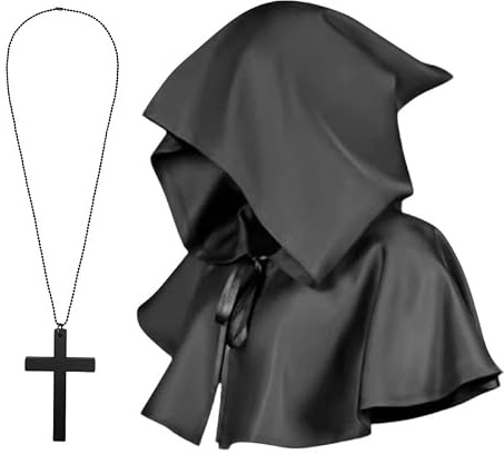 YAUOIPI 2 Stück Halloween Kostüm Set,Mittelalter Cowl Hut und Kreuz-Halskette,Priester Kostüm,Hexerei Heiden Mönchskostüm Umhang für Unisex Erwachsene Vampir Tod Teufel Cosplay Halloween