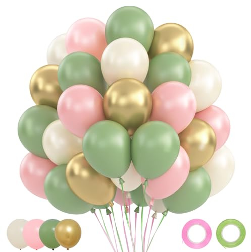 Luftballons Rosa Salbeigrün, 62 Stück Luftballons Geburtstag Grün Rosa | Luftballon Pastellfarben Grün Pink, Ballons Salbeigrün Pink Gold Beige für Babyparty Deko Mädchen Dschungel Safari Geburtstag