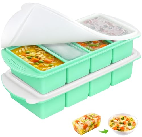 Mineup Lot de 2 Plateau de Congélation en Silicone, Moule à Soupe pour la Préparation de Repas en Portions, Large Bac à Glaçons avec Couvercle, Sans BPA pour Meal Prep, Vert Menthe
