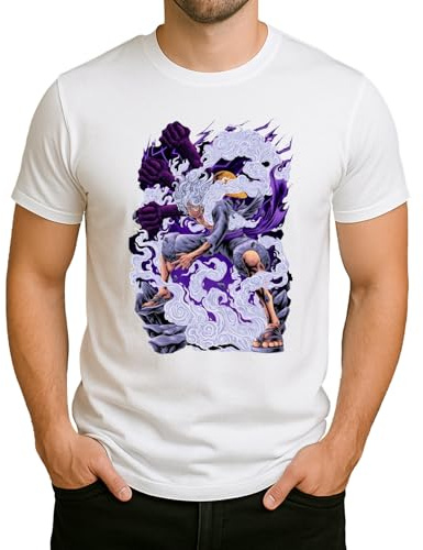 One Piece Wanted Ruffy Bande Chapeau de paille | Monkey D. Luffy Gear 5 Style III T-shirt pour homme, Blanc., L