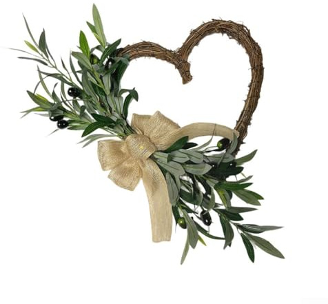 Artificial Heart-Shaped Olive Wreath, for Spring Summer Home Decor, 40cm Grapevine Wall Hanging Silk Leaves, Multicolored Garden Decoration(40 CM / 16 inch heart wreath)