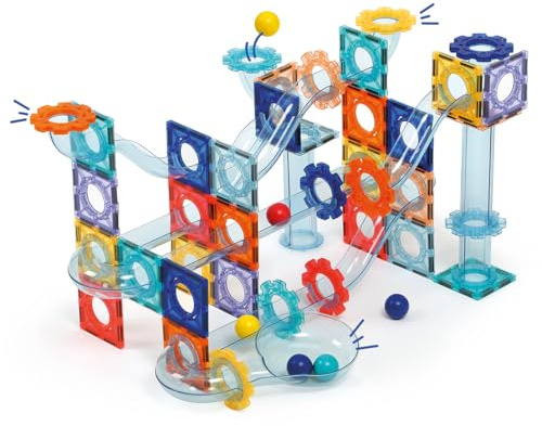 LUDI – Magnetische Kugelbahn – Baukasten mit 26 Magnetplatten, 48 Streckenelementen und 6 Kugeln – Konstruktionen in 2D und 3D – Ab 3 Jahren