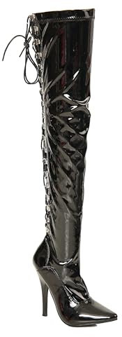Gizelle Back Lace UP Over The Knee Boots, Stivale sopra Il Ginocchio Donna, Black Patent, 45 EU