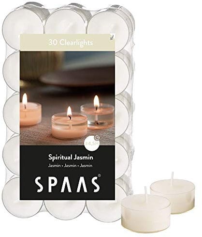 Spaas 30 Scented Clearlights, Tealights in Transparent Clear Cup, 4.5 Hours, Spiritual Jasmine