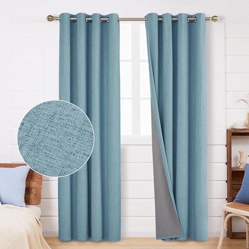 Deconovo 100% Blickdichte Vorhänge Verdunkelungsgardinen Leinenimitation Total Verdunkelung Thermovorhang Wohnzimmer Ösenvorhang 229x132 Grün 2er Set