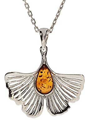 Artisana-Schmuck Bernstein Anhänger Ginkgoblüte (ohne Kette), gefasst in 925/000 Sterling Silber rhodiniert