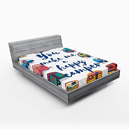 Lunarable Camper-Spannbetttuch, You Make Me Happy Words Caravans, Retro-Stil, Reise-Grafikdruck, Bettbezug mit rundum elastischer, tiefer Tasche für Komfort, Kingsize, Indigogelb