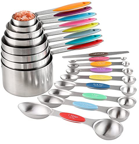 Measuring Cups and Spoons Set Stainless Steel Including 8 Stackable Measuring Cup 8 Double Sided Magnetic Measuring Spoons with 1 Leveler for Dry and Liquid Ingredients