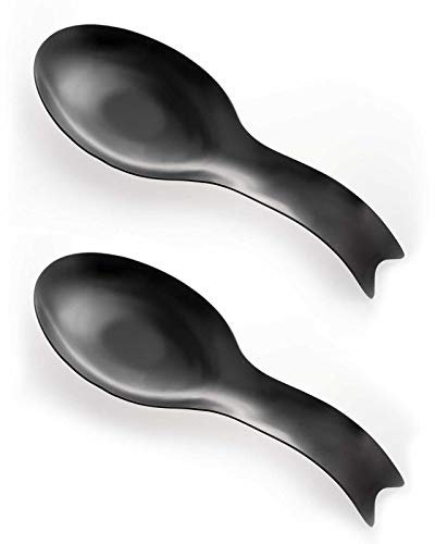 Pretty Jolly Fish Shape Stainless Steel Spoon Rest for Stove Top Metal Spoon Holder for Kitchen Counter Cooking Utensil Rest Rust Resistant Dishwasher Safe 10.6 x 3.8 Inch(Black 2PCS)