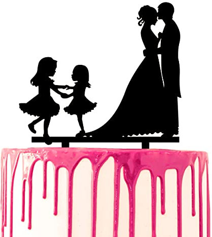 CARISPIBET Hochzeitstortenaufsatz für Bräutigam und Braut, Stirn, Kuss, Hochzeitstorte mit zwei verspielten Töchtern, Ehemann und Ehefrau, Hochzeitstag, Acryl-Silhouette