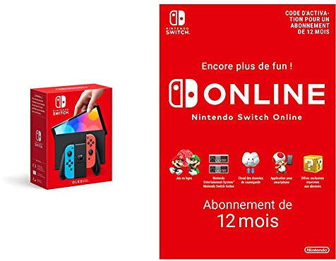 Console Nintendo Switch (Modèle OLED) avec Manettes Joy-Con Bleu Néon/Rouge Néon + Switch Online - Abonnement 12 Mois (Code de téléchargement)